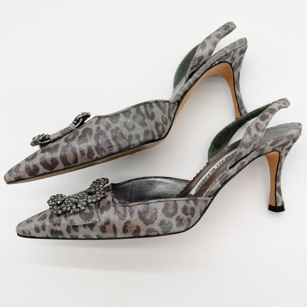 Manolo Blahnik Vintage Carolyne Silver Leopard Crystal Slingback Heels IT 36.5 - Picture 5 of 12